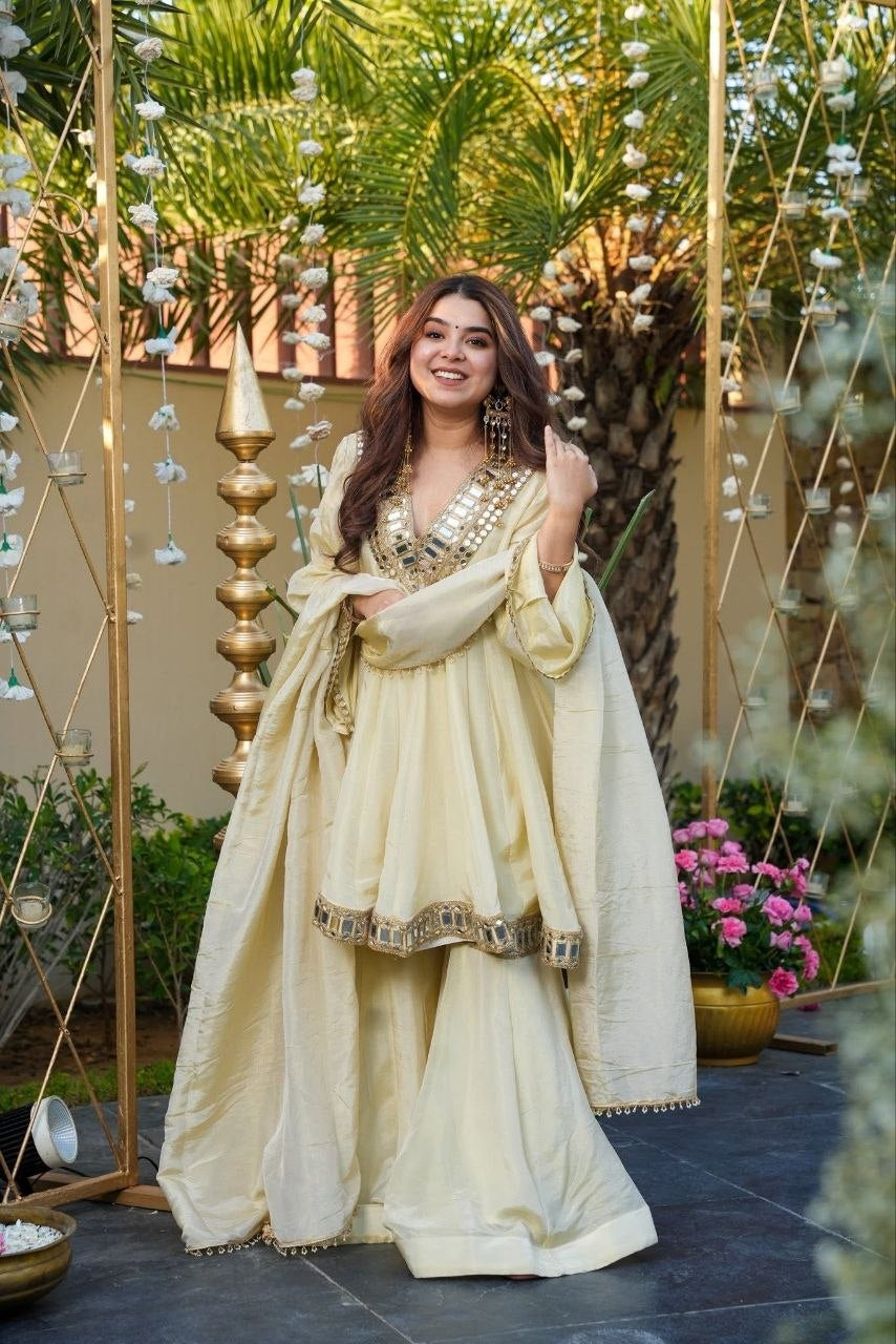 Womenline Ivory Mirror Work Peplum Kurta Set with Sharara & Dupatta