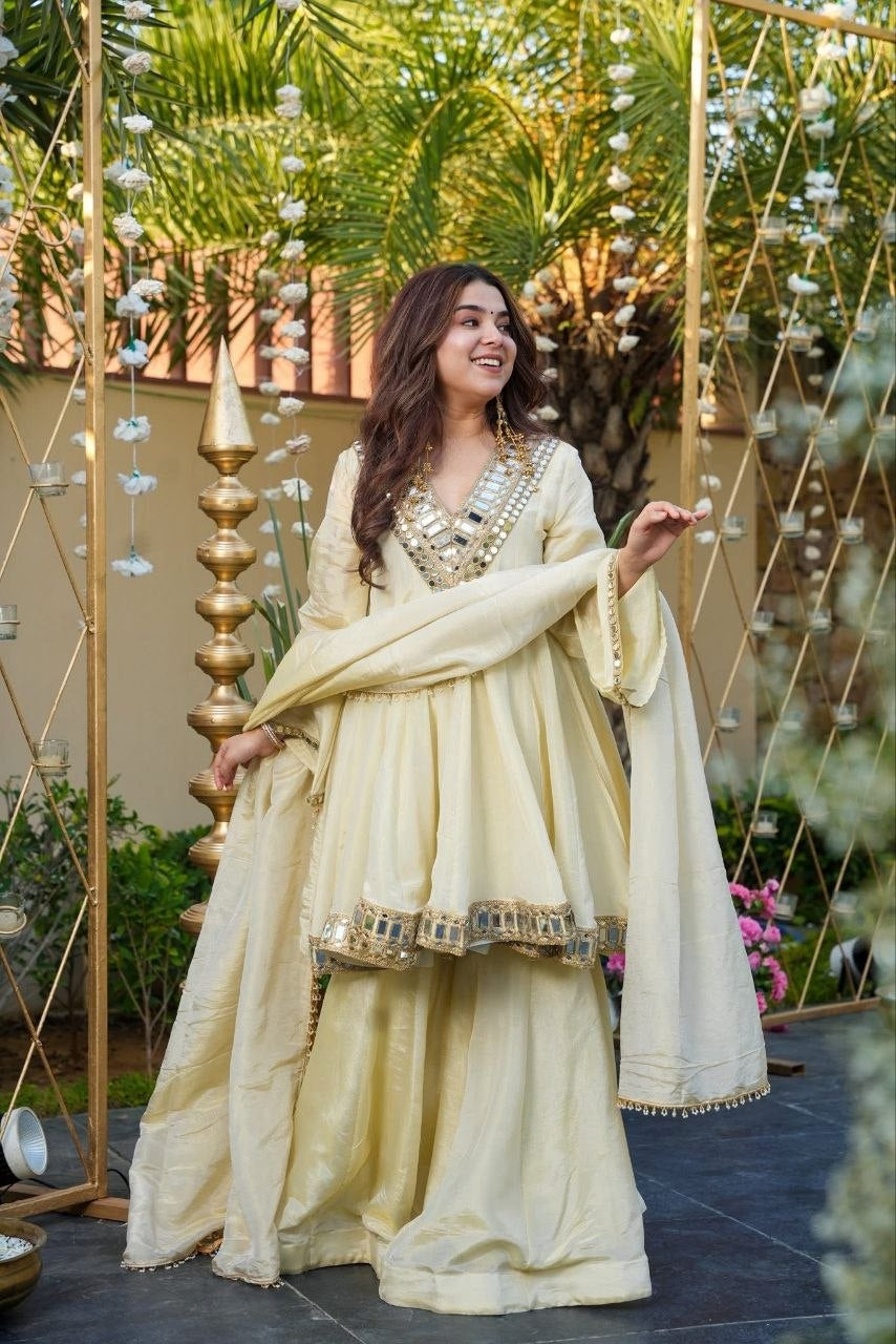 Womenline Ivory Mirror Work Peplum Kurta Set with Sharara & Dupatta