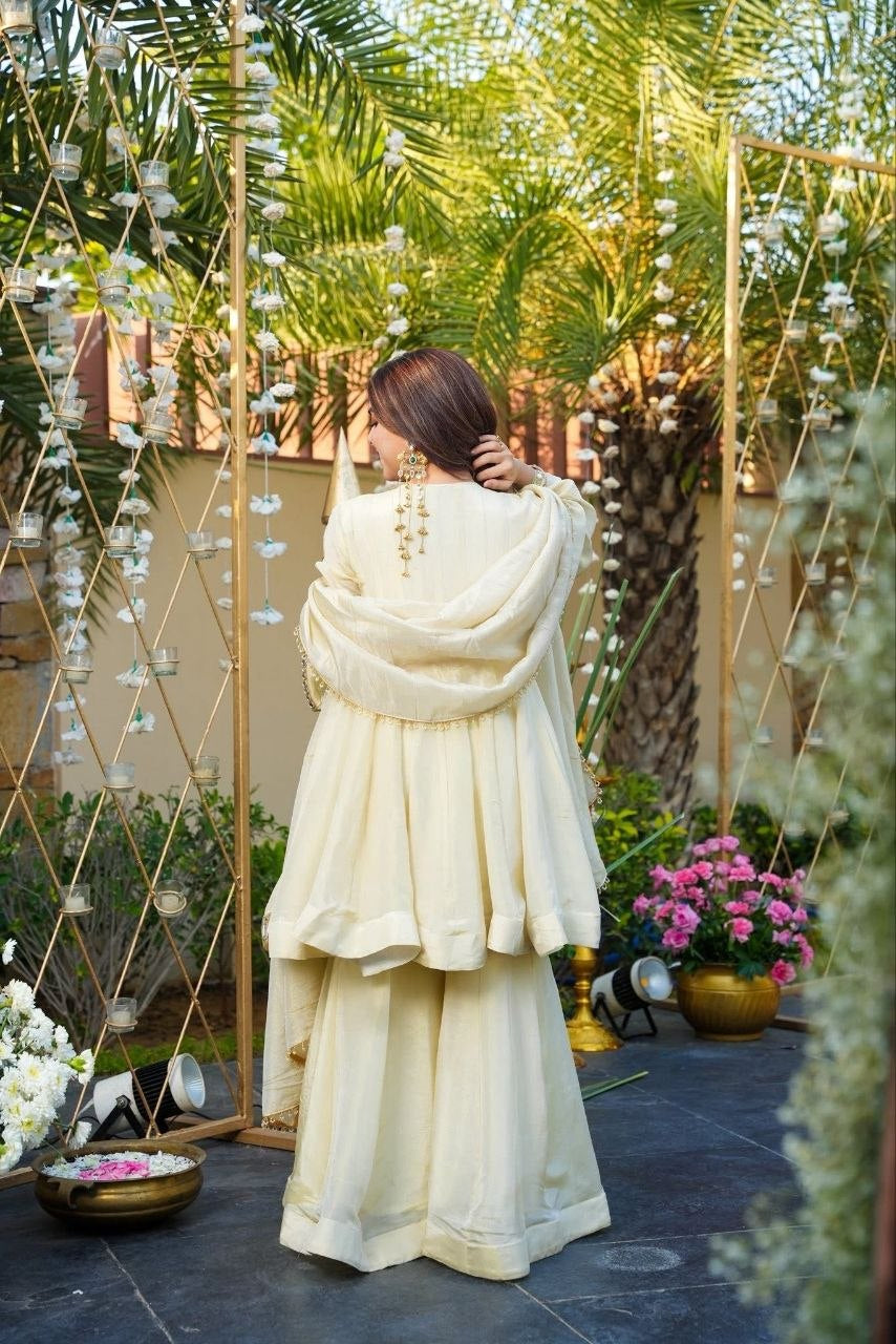 Womenline Ivory Mirror Work Peplum Kurta Set with Sharara & Dupatta