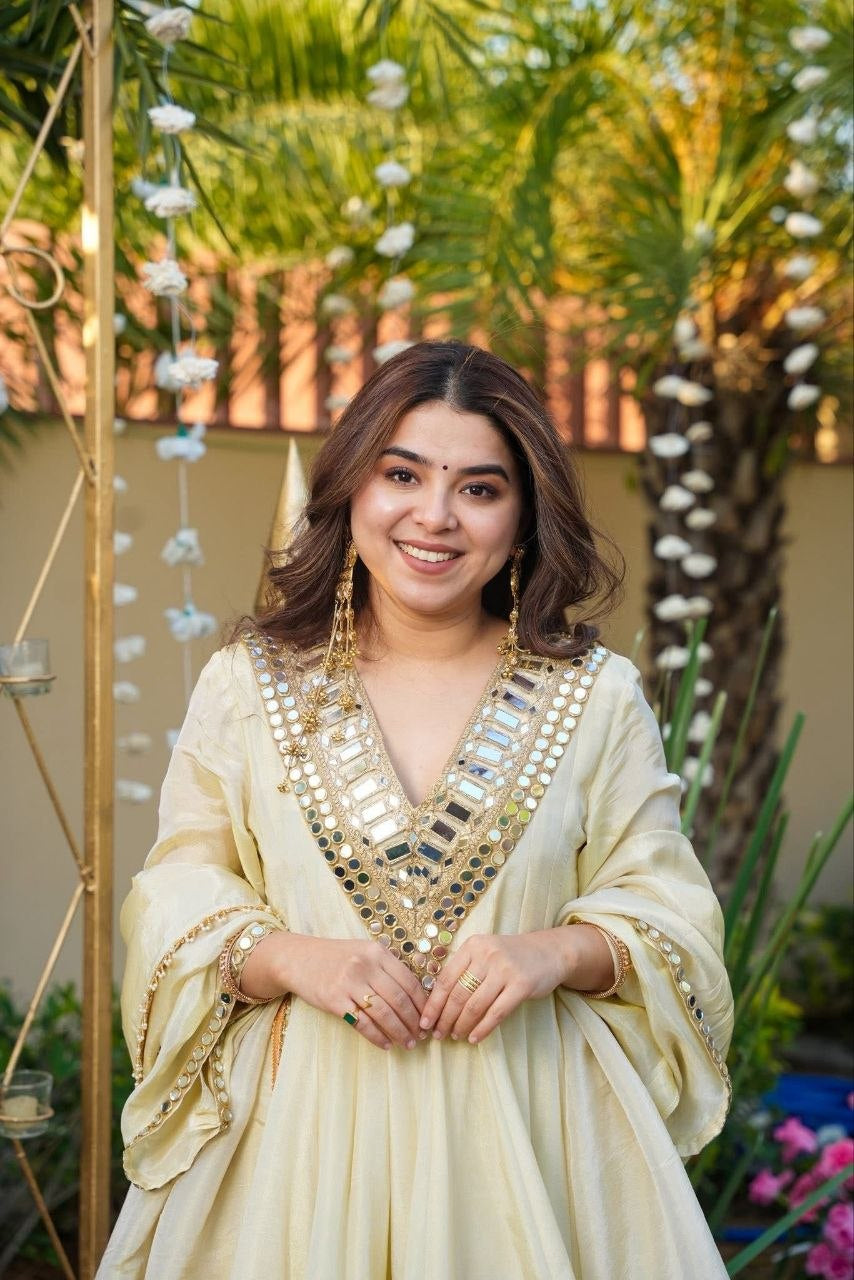 Womenline Ivory Mirror Work Peplum Kurta Set with Sharara & Dupatta