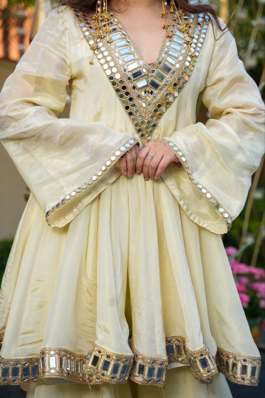 Womenline Ivory Mirror Work Peplum Kurta Set with Sharara & Dupatta