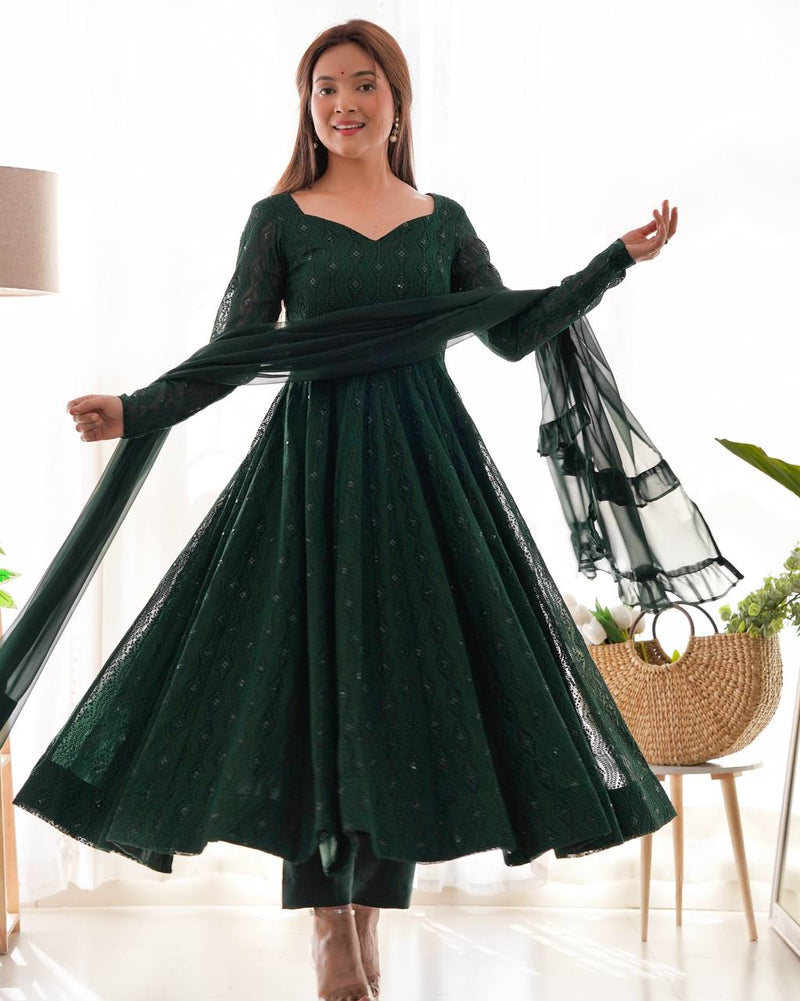 Womenline Green Color Georgette Lucknowi Three Piece Anarkali Suit