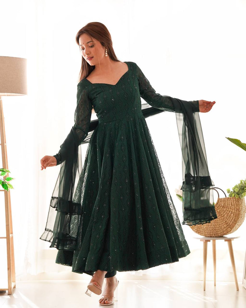 Womenline Green Color Georgette Lucknowi Three Piece Anarkali Suit