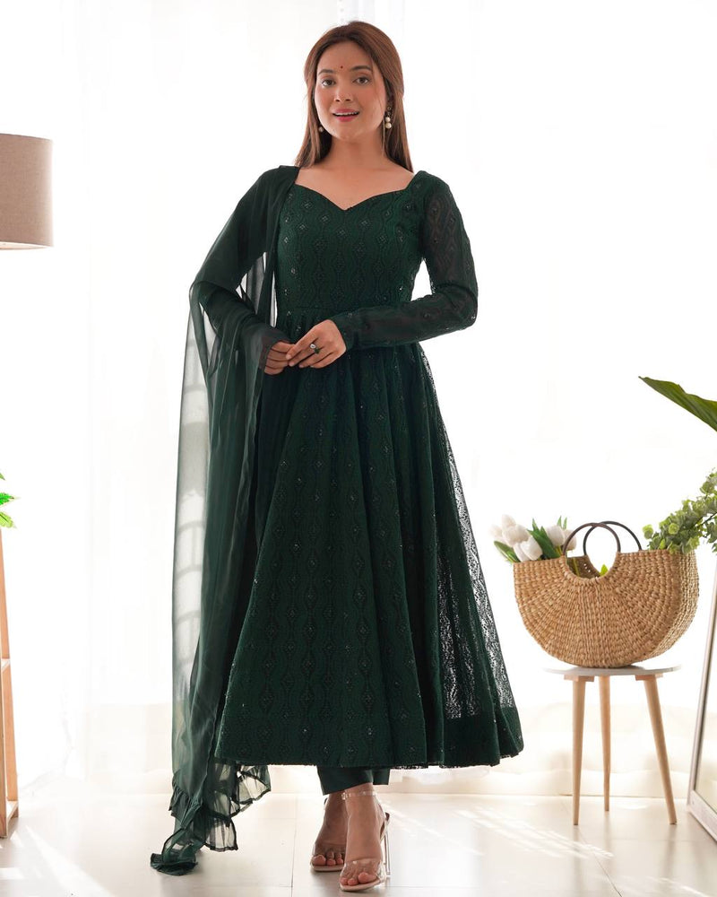 Womenline Green Color Georgette Lucknowi Three Piece Anarkali Suit