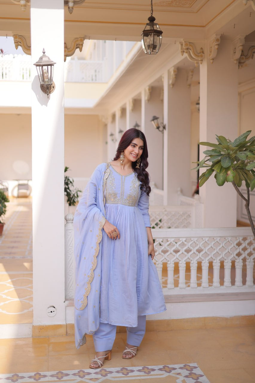 Womenline Lavender Blue Embroidered Anarkali Suit Set with Dupatta