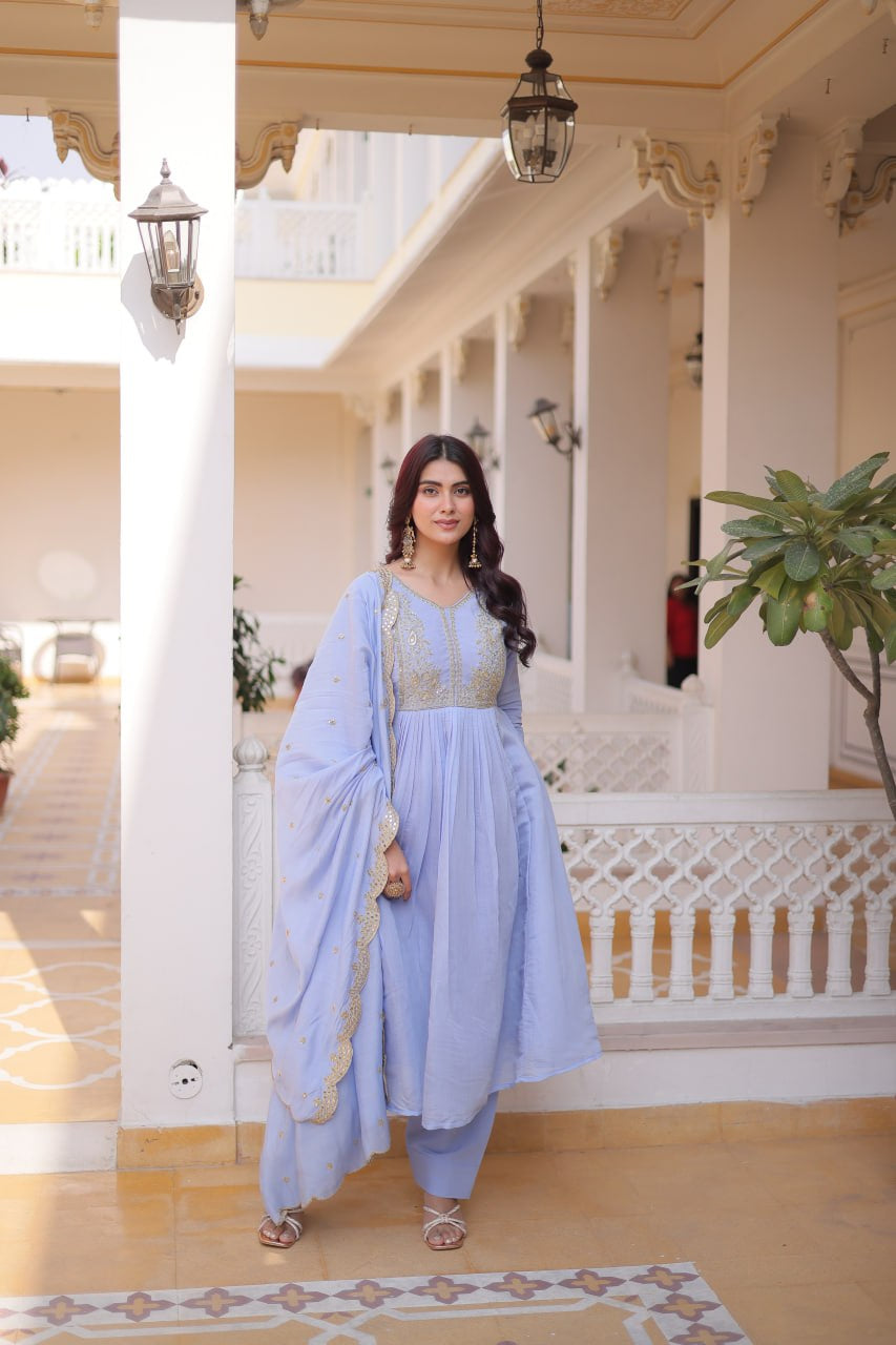Womenline Lavender Blue Embroidered Anarkali Suit Set with Dupatta