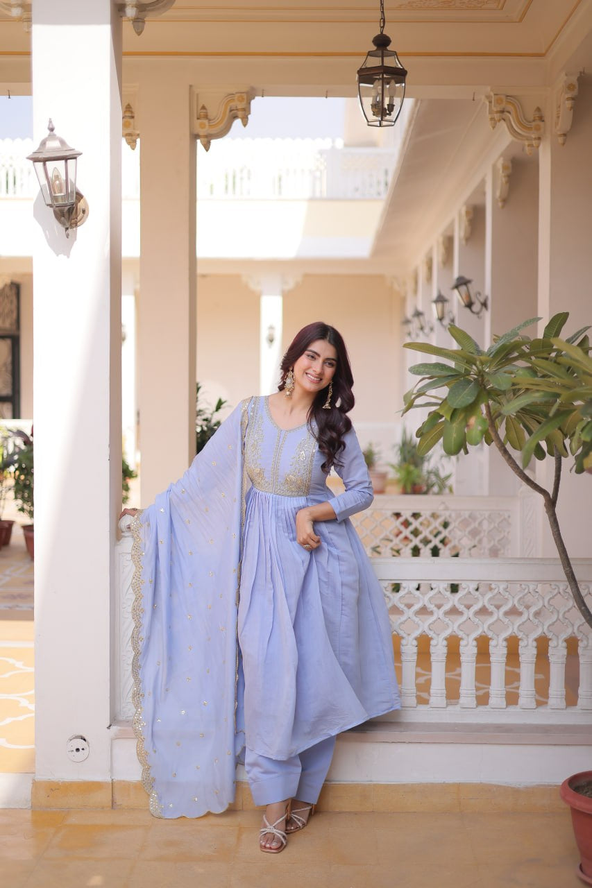 Womenline Lavender Blue Embroidered Anarkali Suit Set with Dupatta