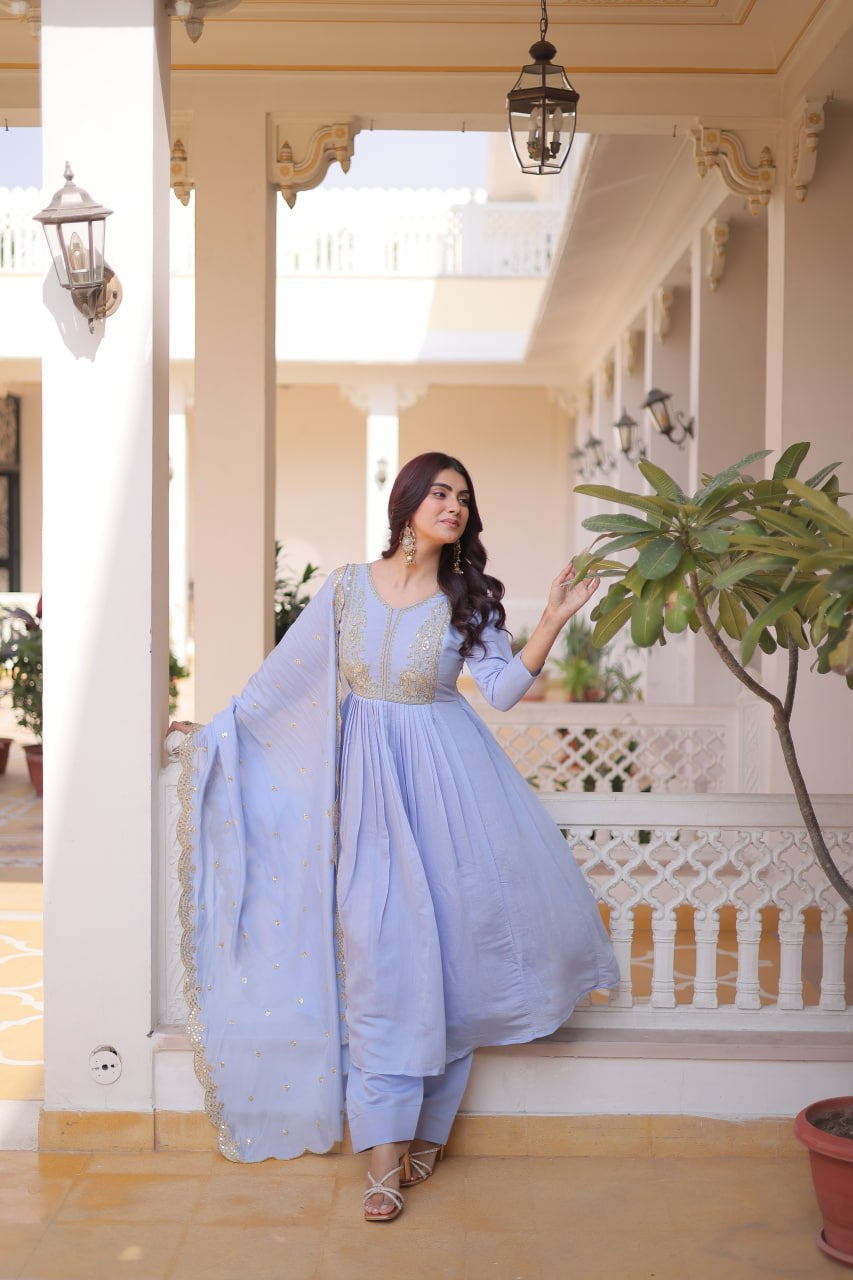 Womenline Lavender Blue Embroidered Anarkali Suit Set with Dupatta