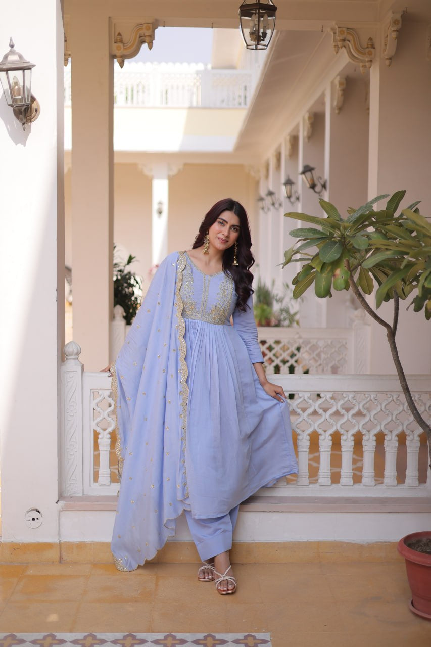 Womenline Lavender Blue Embroidered Anarkali Suit Set with Dupatta