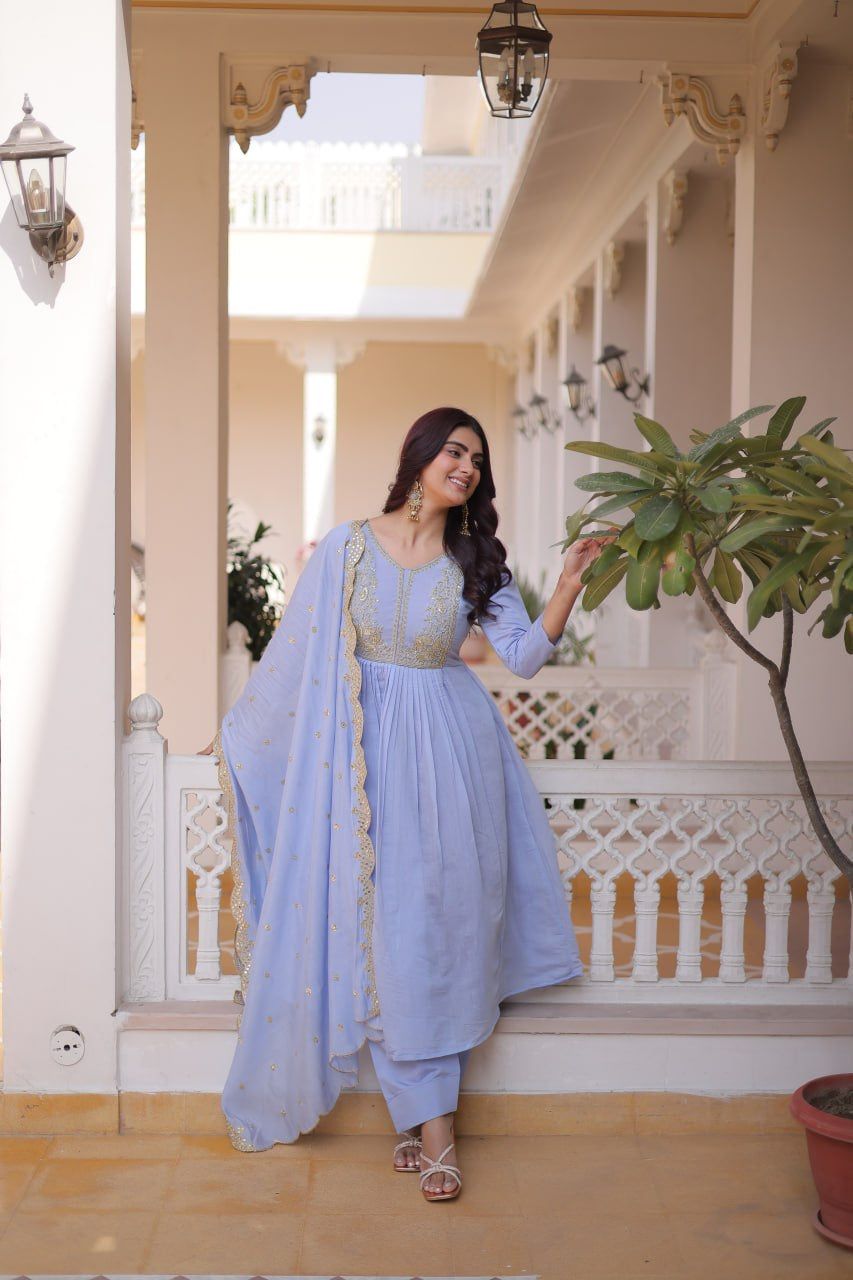 Womenline Lavender Blue Embroidered Anarkali Suit Set with Dupatta