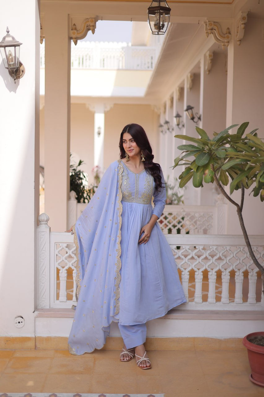 Womenline Lavender Blue Embroidered Anarkali Suit Set with Dupatta