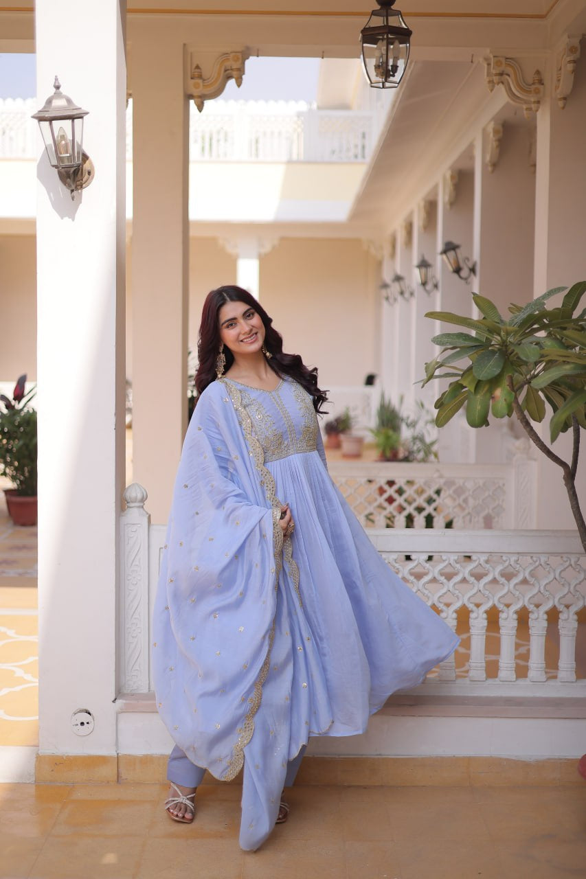 Womenline Lavender Blue Embroidered Anarkali Suit Set with Dupatta