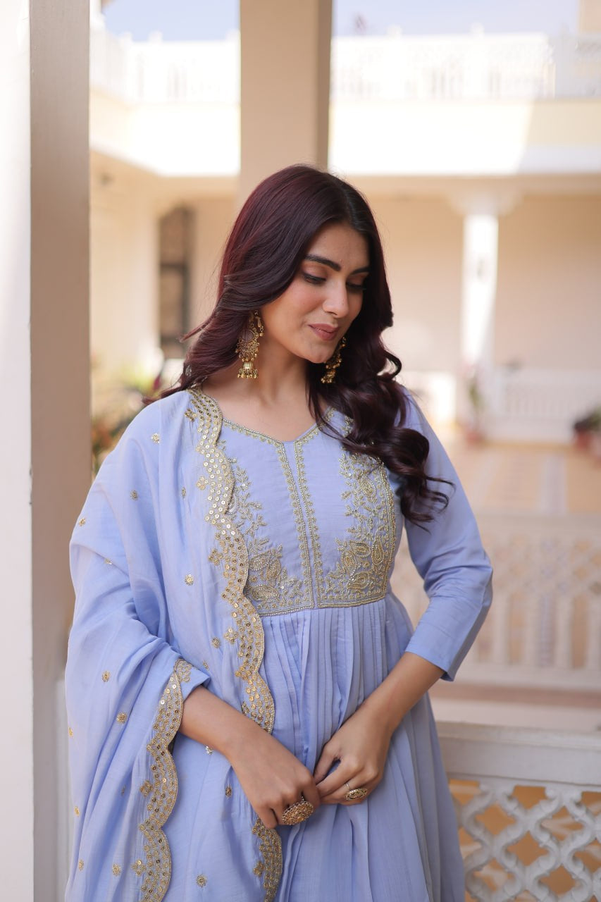 Womenline Lavender Blue Embroidered Anarkali Suit Set with Dupatta
