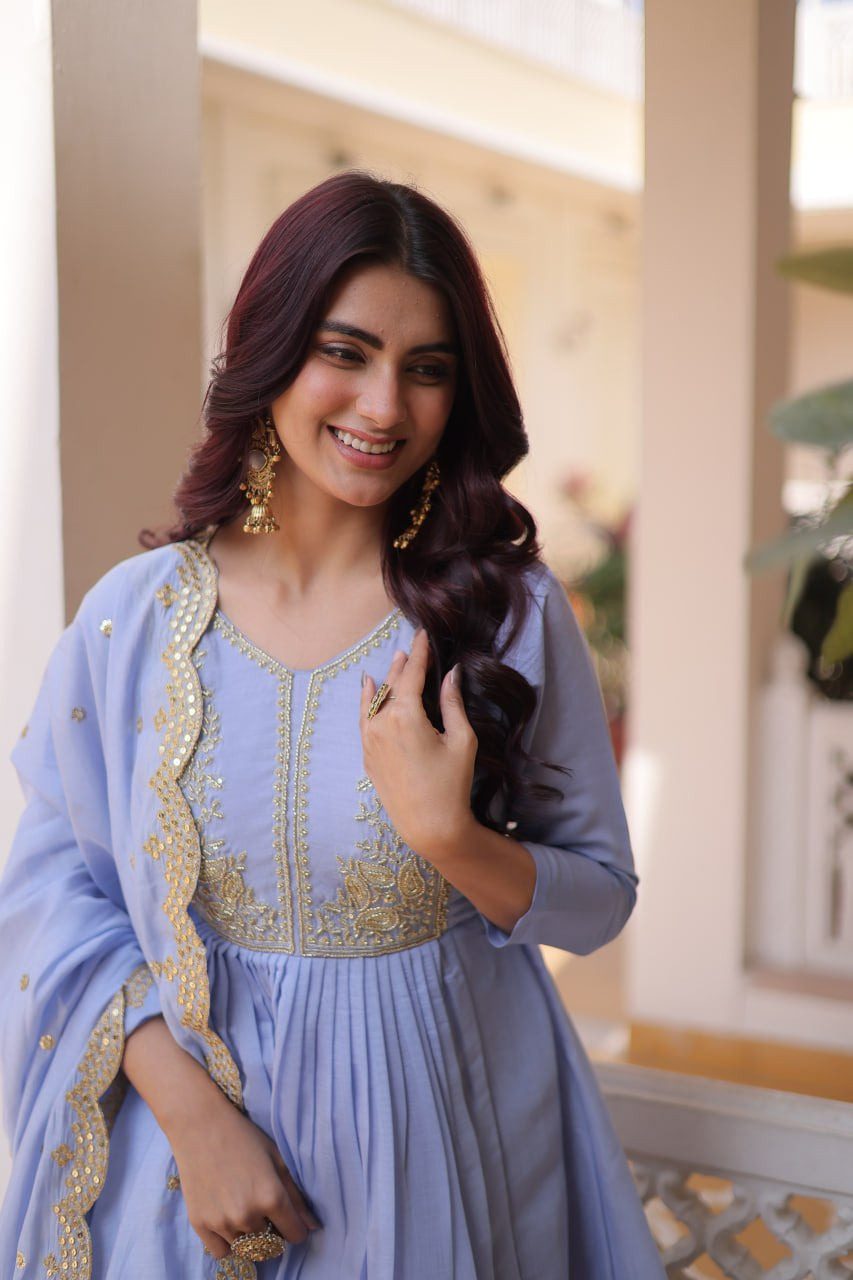 Womenline Lavender Blue Embroidered Anarkali Suit Set with Dupatta