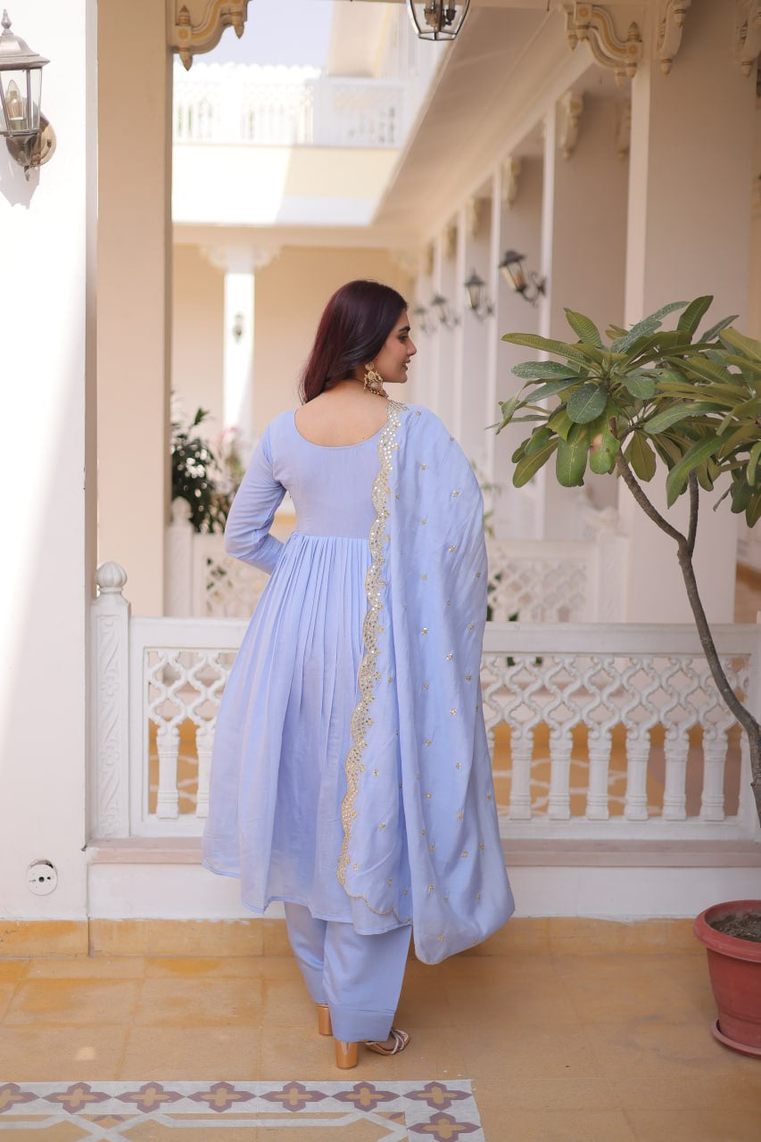 Womenline Lavender Blue Embroidered Anarkali Suit Set with Dupatta