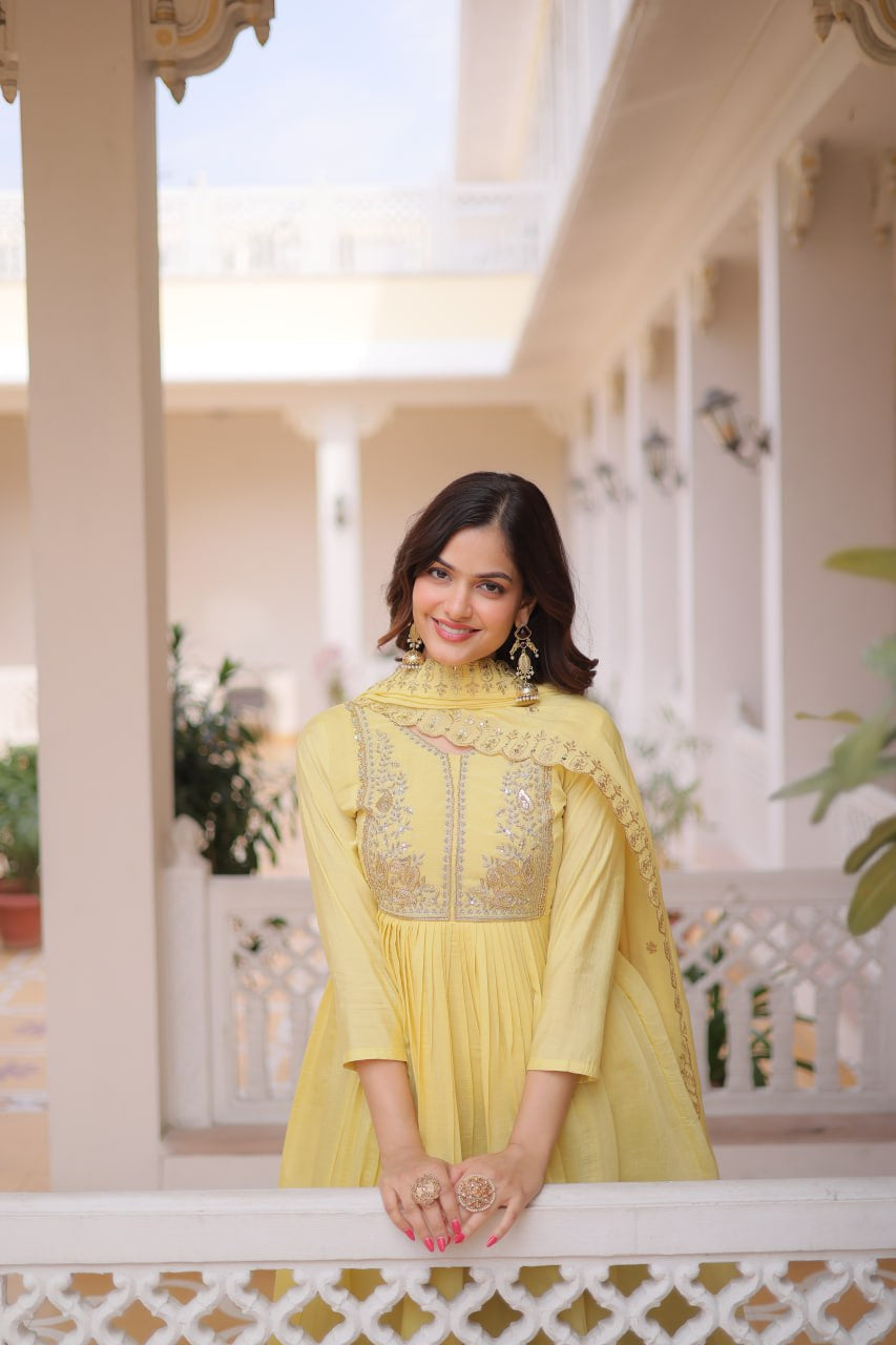 Womenline Pastel Yellow Embroidered Anarkali Suit Set with Dupatta