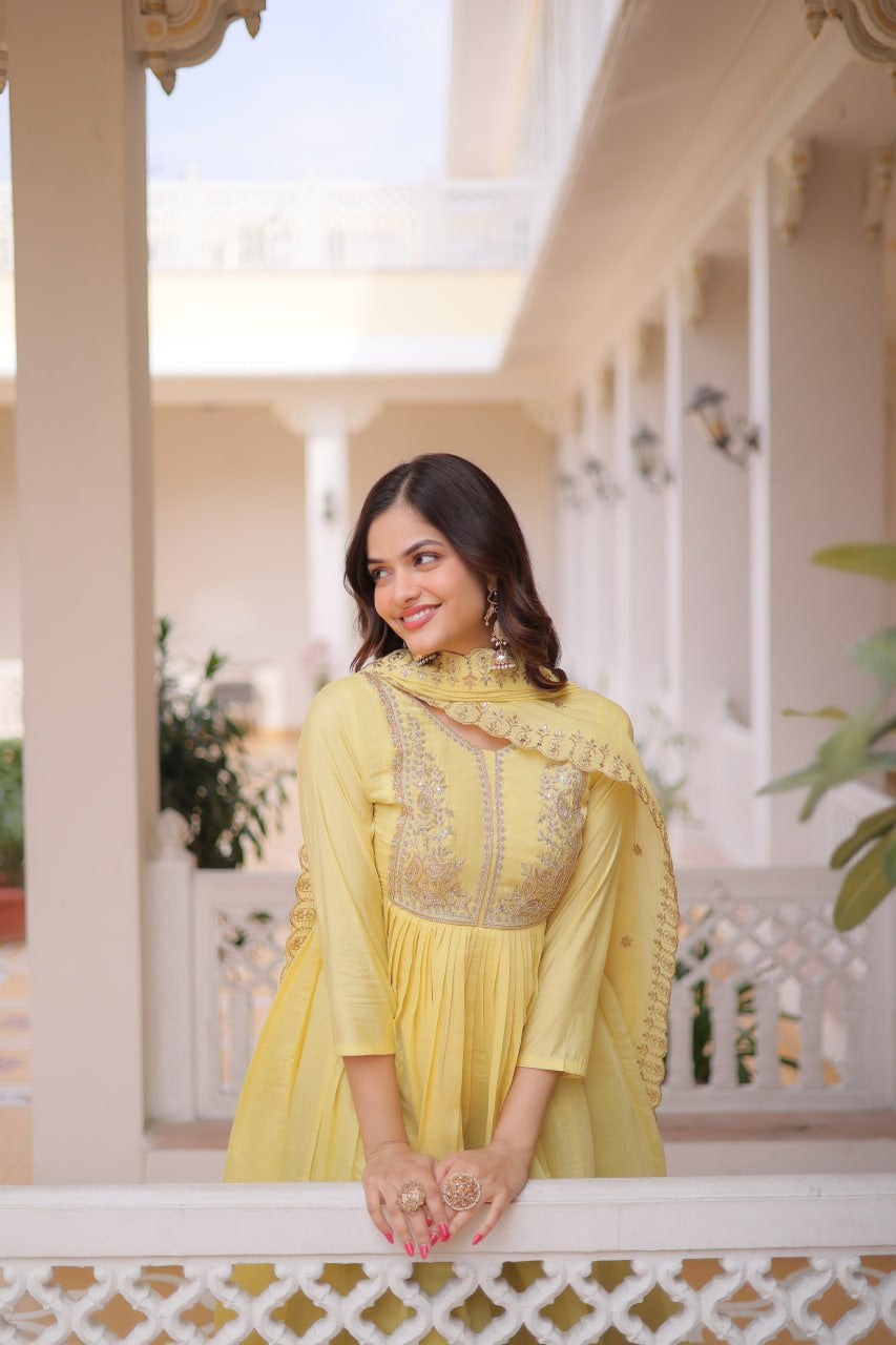 Womenline Pastel Yellow Embroidered Anarkali Suit Set with Dupatta