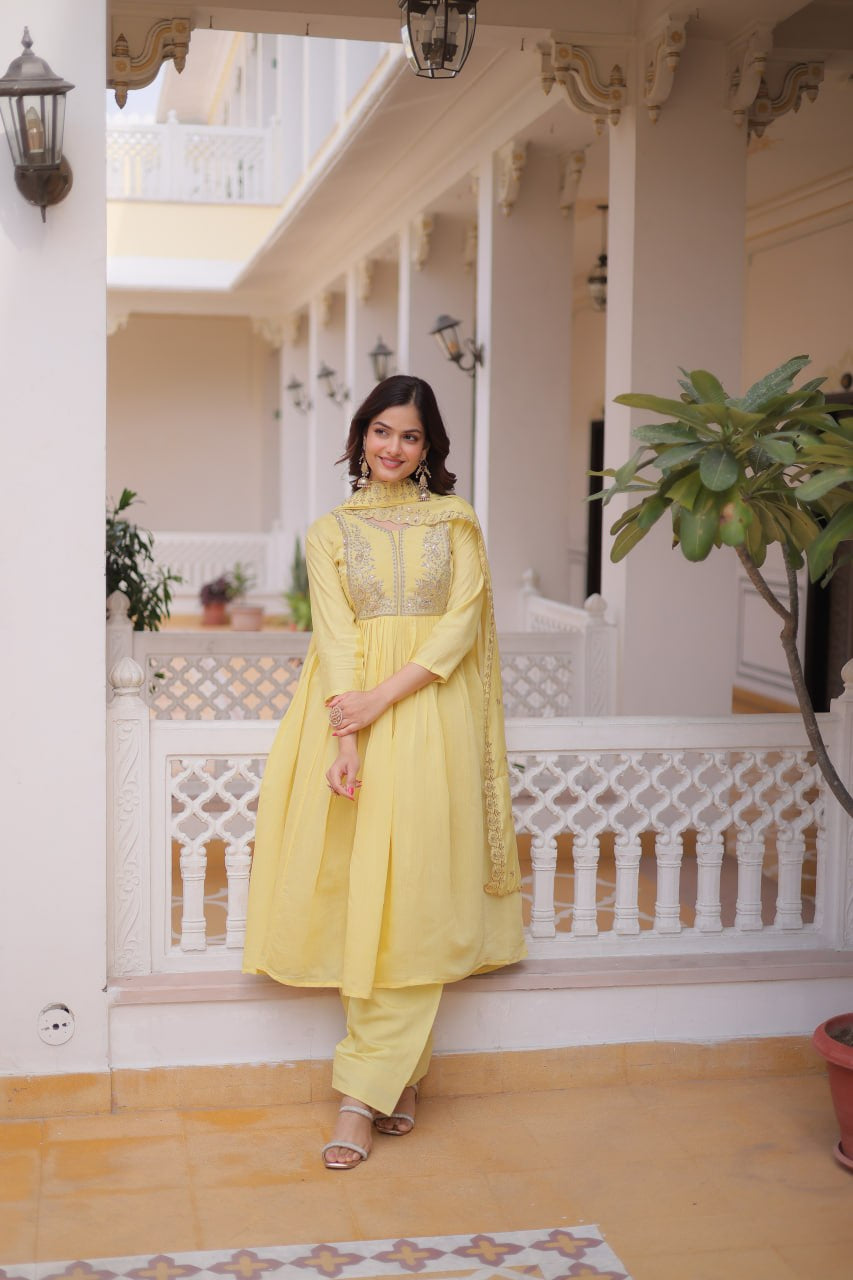 Womenline Pastel Yellow Embroidered Anarkali Suit Set with Dupatta