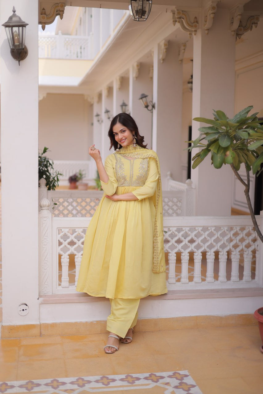 Womenline Pastel Yellow Embroidered Anarkali Suit Set with Dupatta