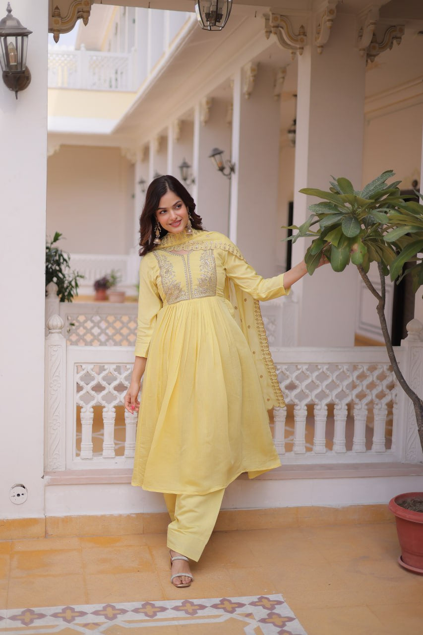 Womenline Pastel Yellow Embroidered Anarkali Suit Set with Dupatta