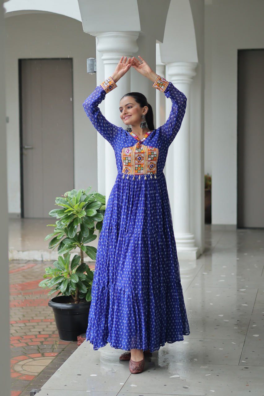 Womenline Blue Color Georgette Bandhani Print Navratri Gown
