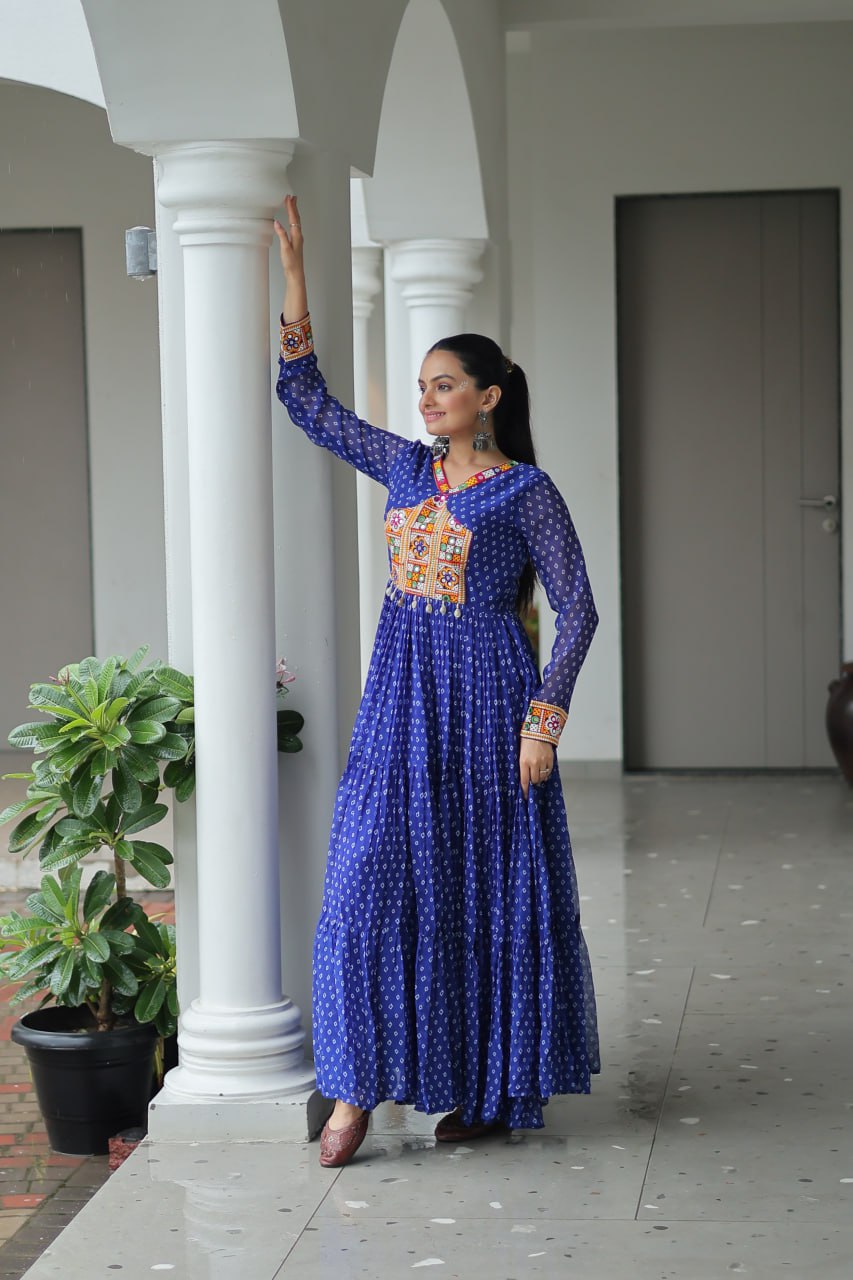 Womenline Blue Color Georgette Bandhani Print Navratri Gown