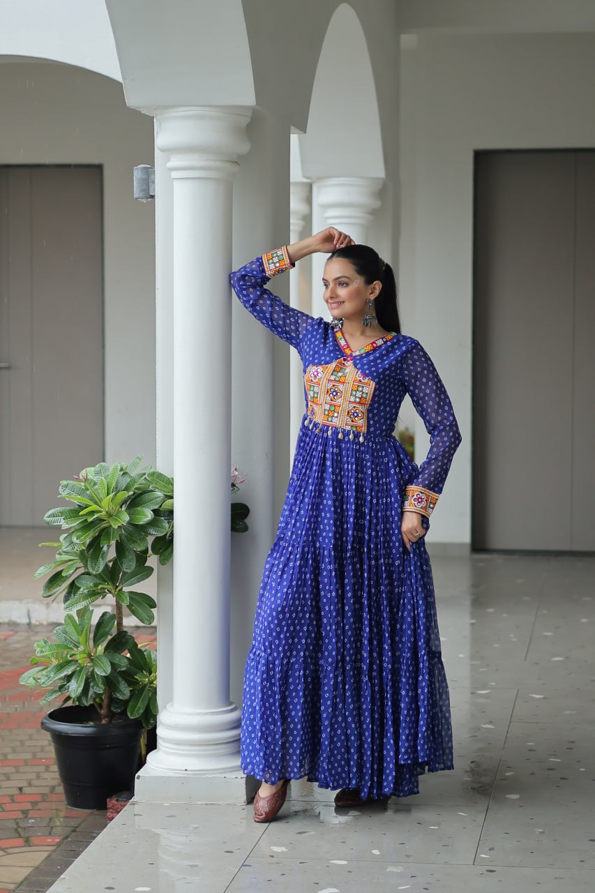 Womenline Blue Color Georgette Bandhani Print Navratri Gown