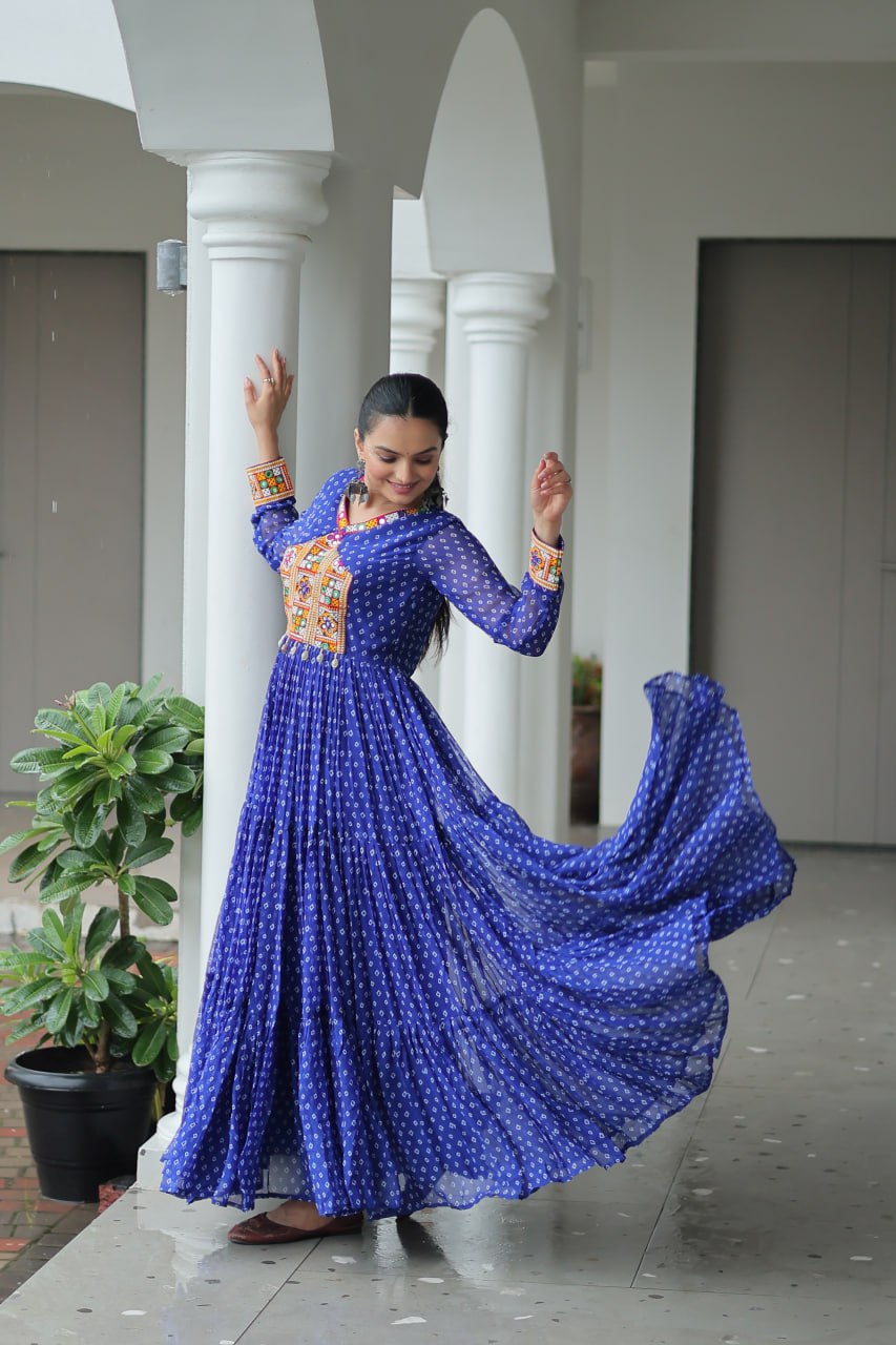 Womenline Blue Color Georgette Bandhani Print Navratri Gown