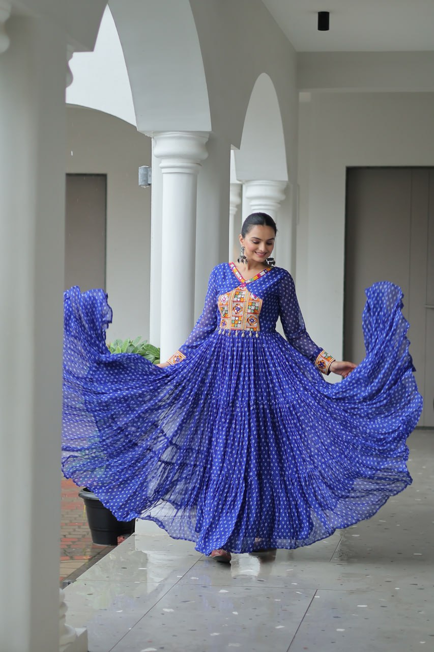 Womenline Blue Color Georgette Bandhani Print Navratri Gown