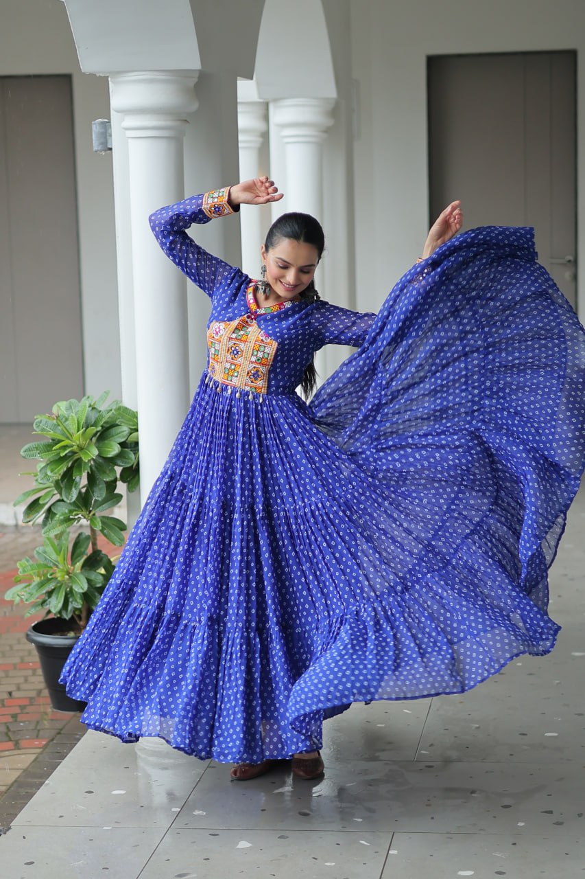 Womenline Blue Color Georgette Bandhani Print Navratri Gown