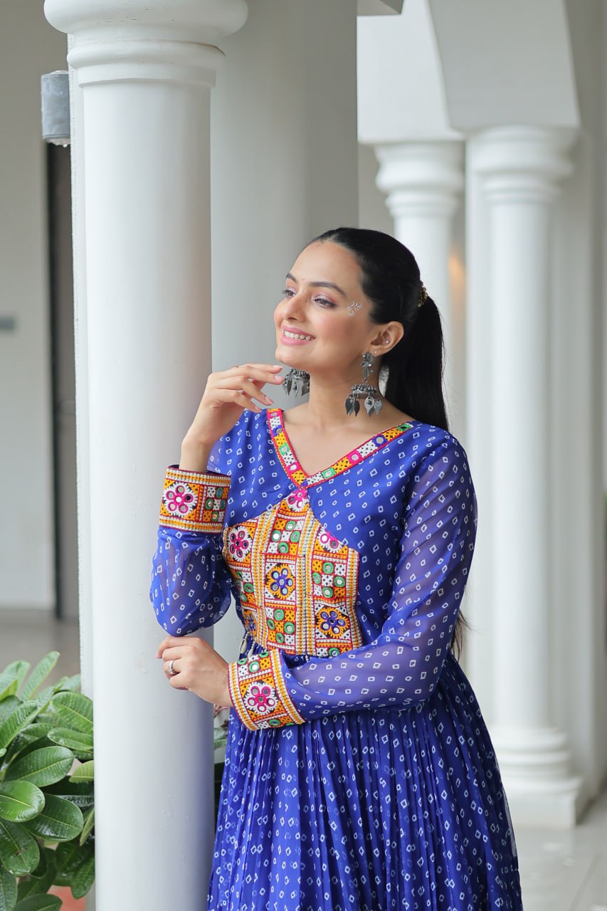 Womenline Blue Color Georgette Bandhani Print Navratri Gown