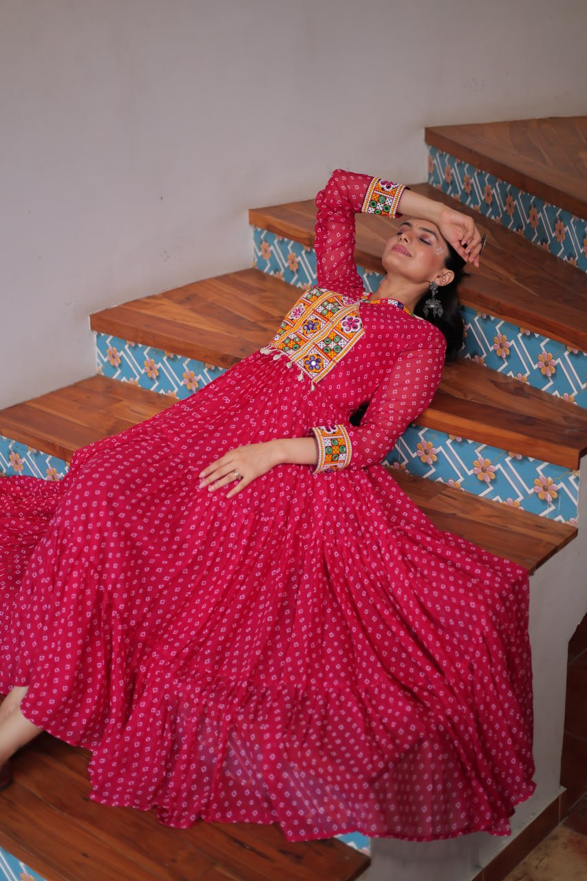 Womenline Pink Color Georgette Bandhani Print Navratri Gown