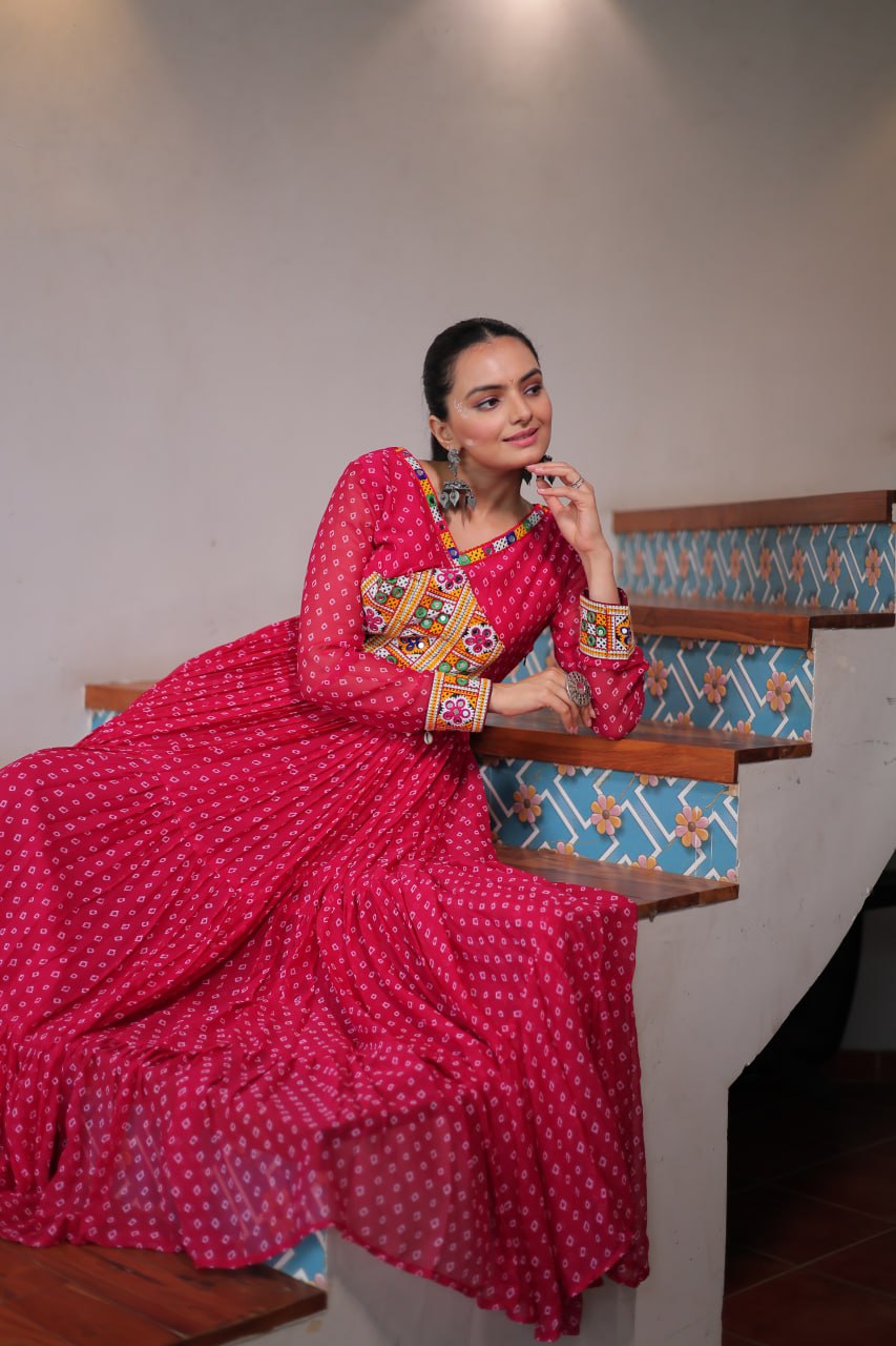 Womenline Pink Color Georgette Bandhani Print Navratri Gown