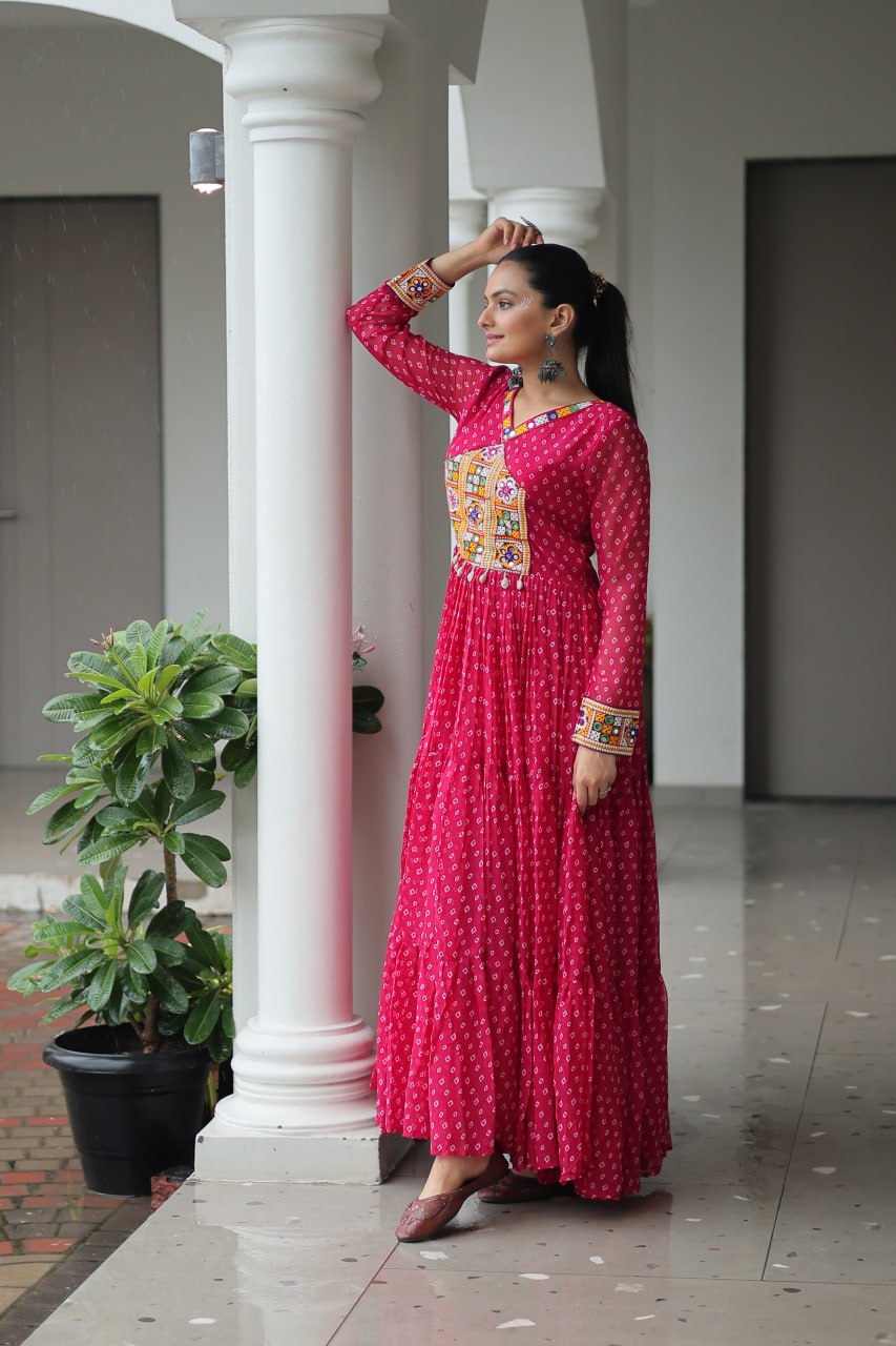 Womenline Pink Color Georgette Bandhani Print Navratri Gown