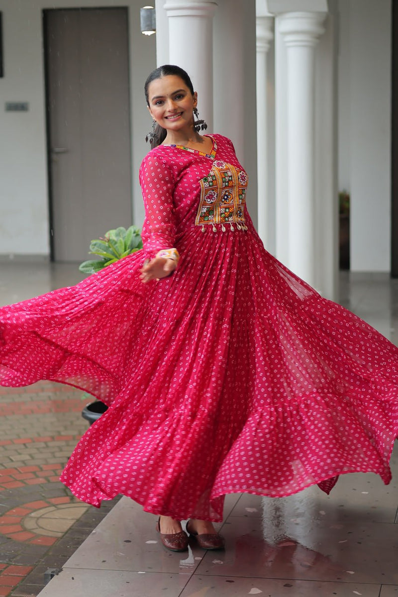 Womenline Pink Color Georgette Bandhani Print Navratri Gown