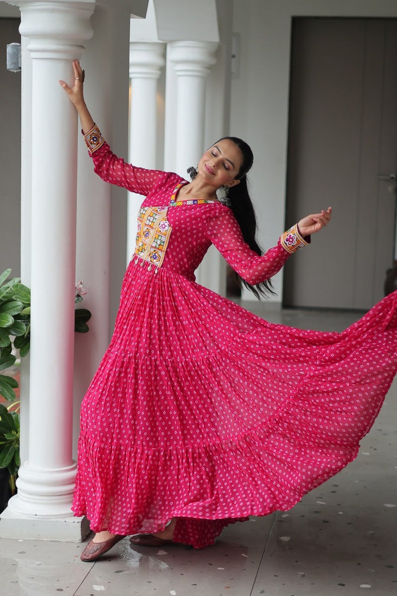 Womenline Pink Color Georgette Bandhani Print Navratri Gown