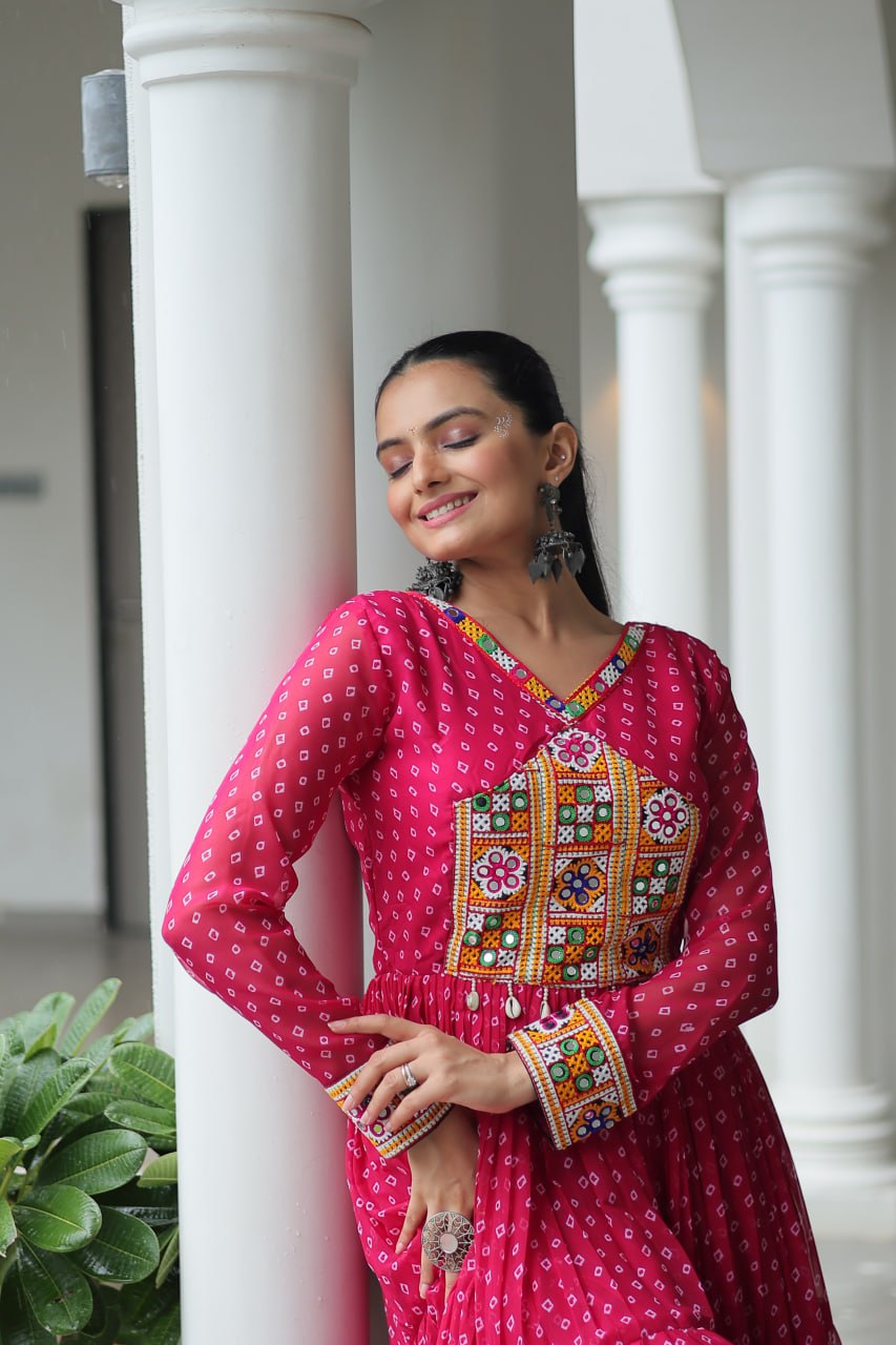 Womenline Pink Color Georgette Bandhani Print Navratri Gown