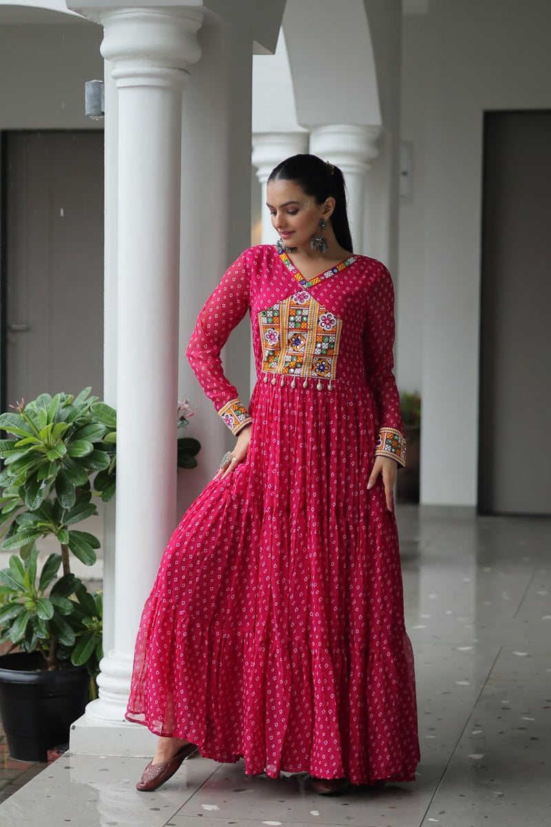 Womenline Pink Color Georgette Bandhani Print Navratri Gown