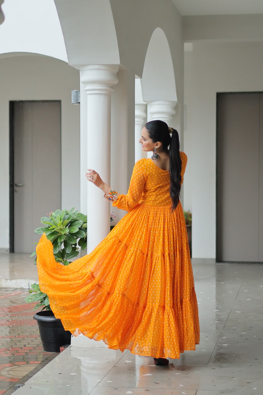 Womenline Yellow Color Georgette Bandhani Print Navratri Gown