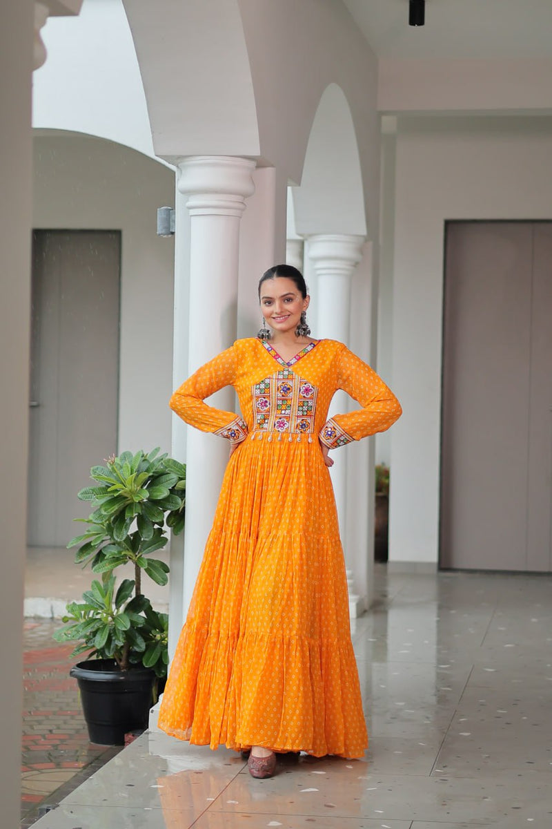 Womenline Yellow Color Georgette Bandhani Print Navratri Gown