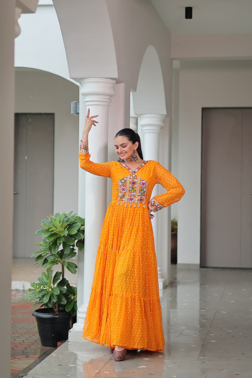 Womenline Yellow Color Georgette Bandhani Print Navratri Gown