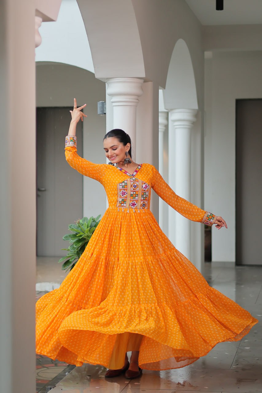 Womenline Yellow Color Georgette Bandhani Print Navratri Gown