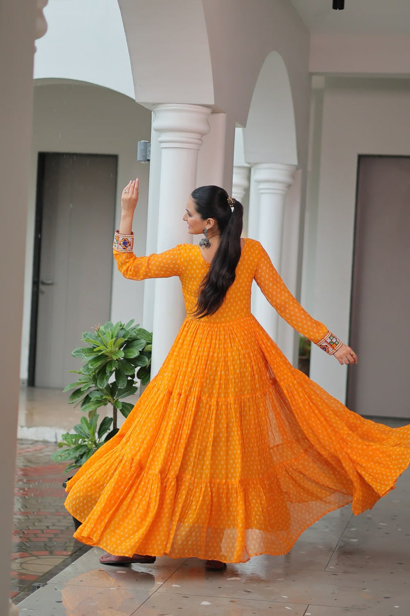 Womenline Yellow Color Georgette Bandhani Print Navratri Gown