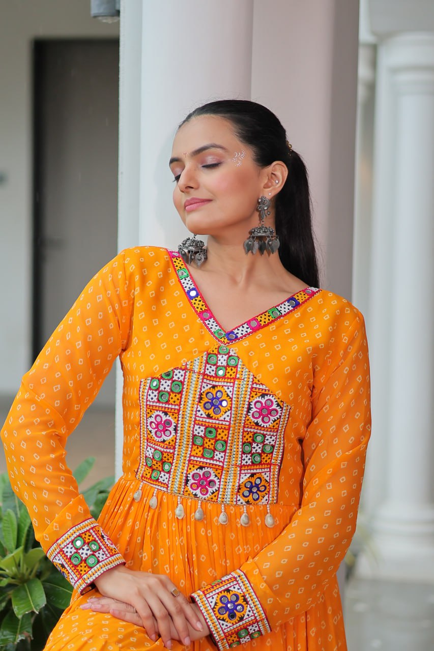 Womenline Yellow Color Georgette Bandhani Print Navratri Gown