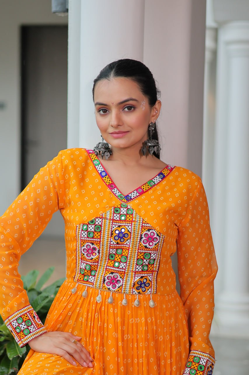 Womenline Yellow Color Georgette Bandhani Print Navratri Gown