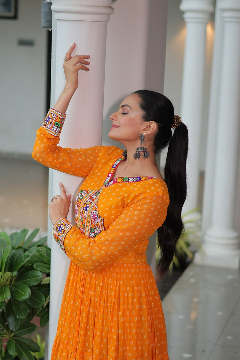 Womenline Yellow Color Georgette Bandhani Print Navratri Gown