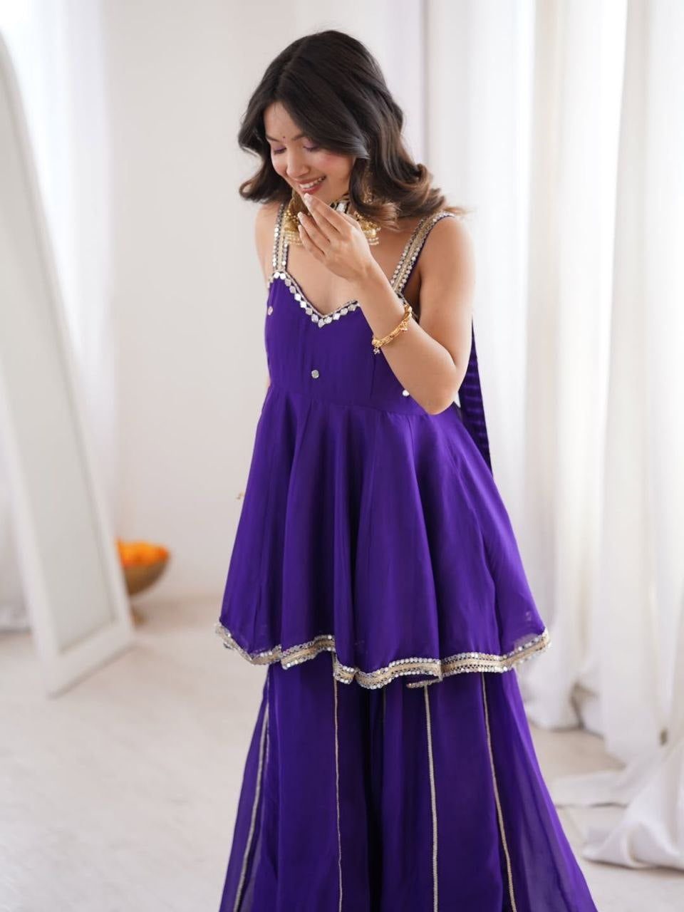 Womenline Royal Purple Peplum Sharara Set with Mirror Lace Dupatta