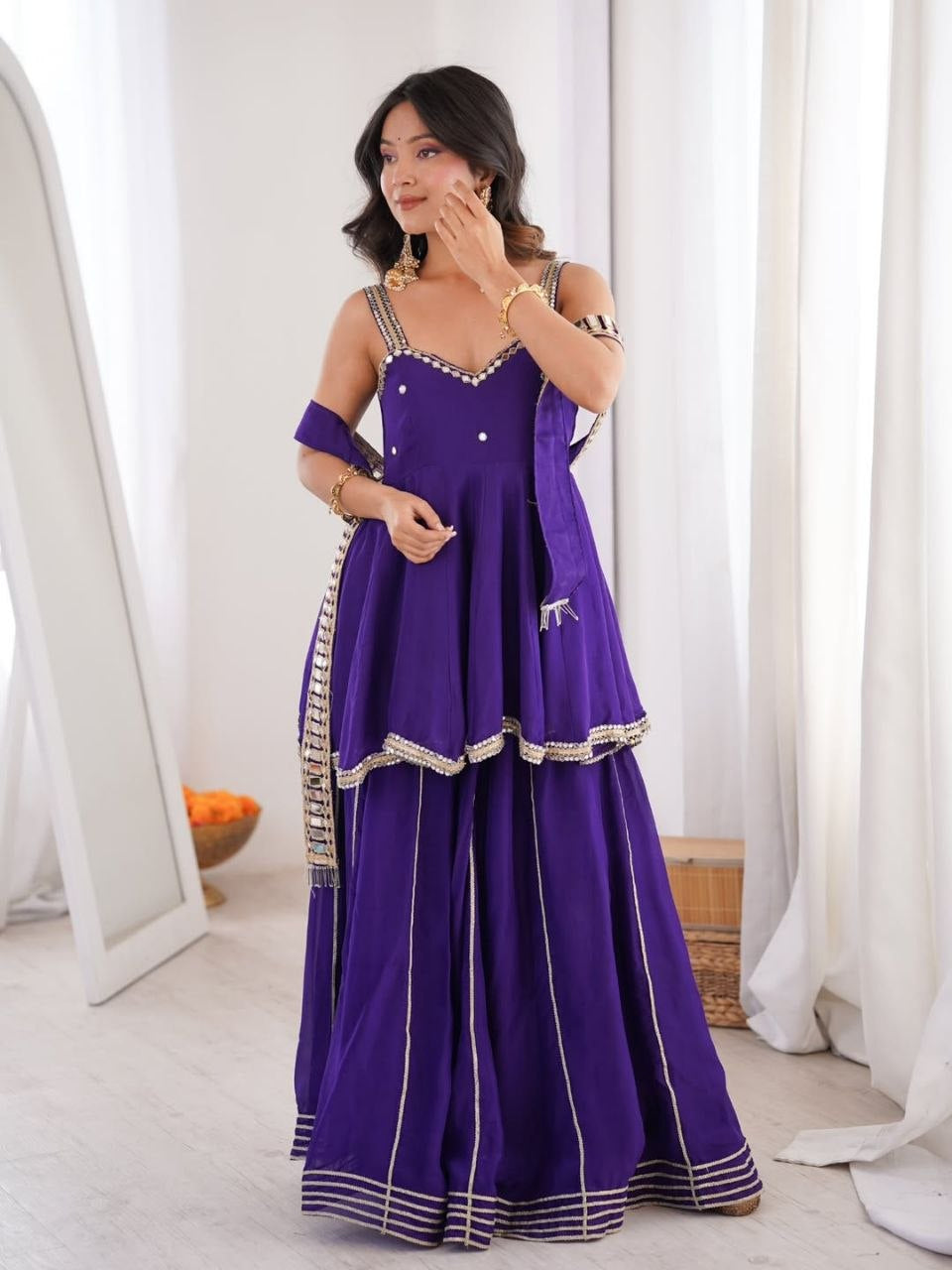 Womenline Royal Purple Peplum Sharara Set with Mirror Lace Dupatta