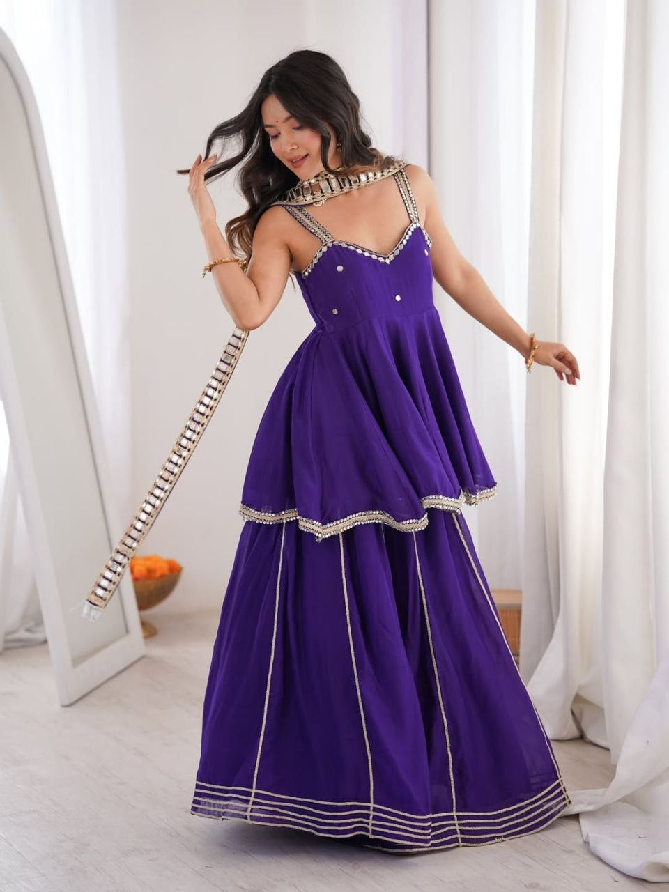Womenline Royal Purple Peplum Sharara Set with Mirror Lace Dupatta