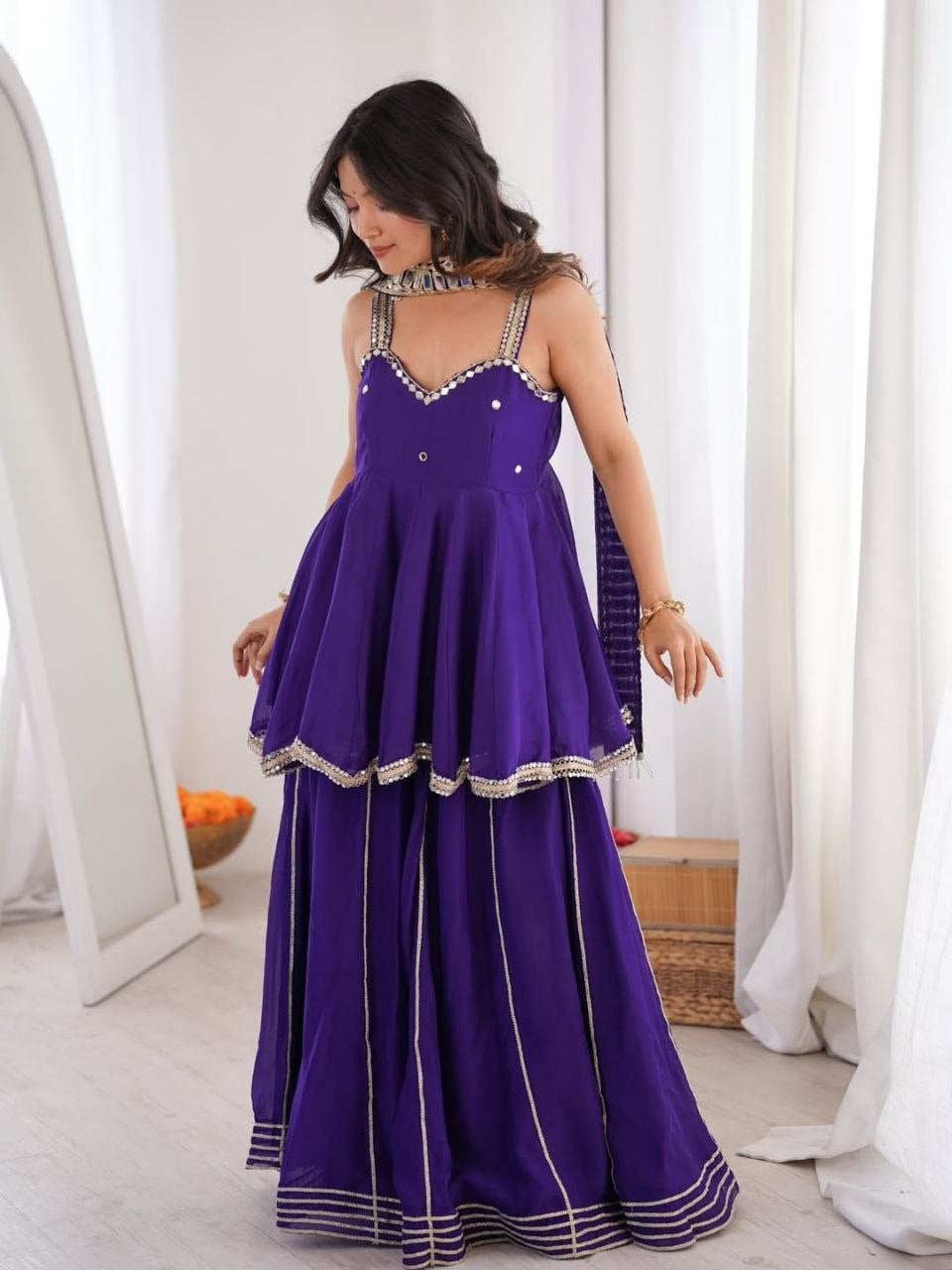 Womenline Royal Purple Peplum Sharara Set with Mirror Lace Dupatta